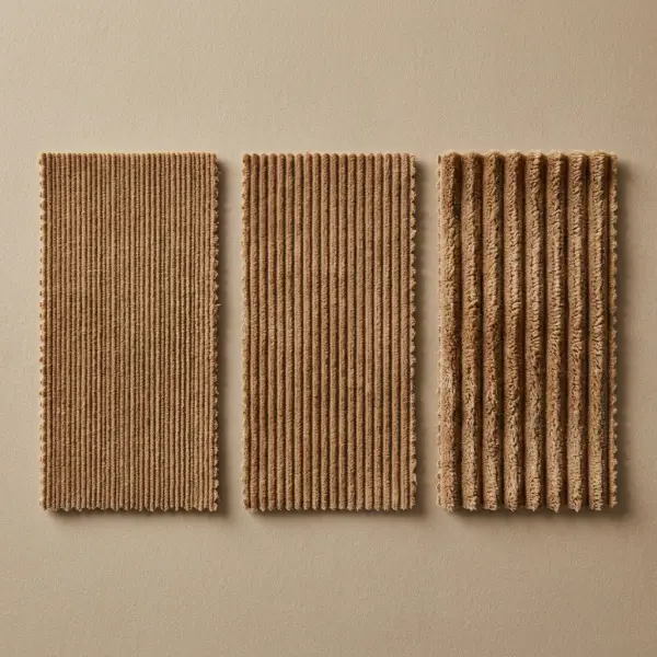 Three corduroy fabric samples showing fine-wale, medium-wale, and wide-wale rib textures side by side