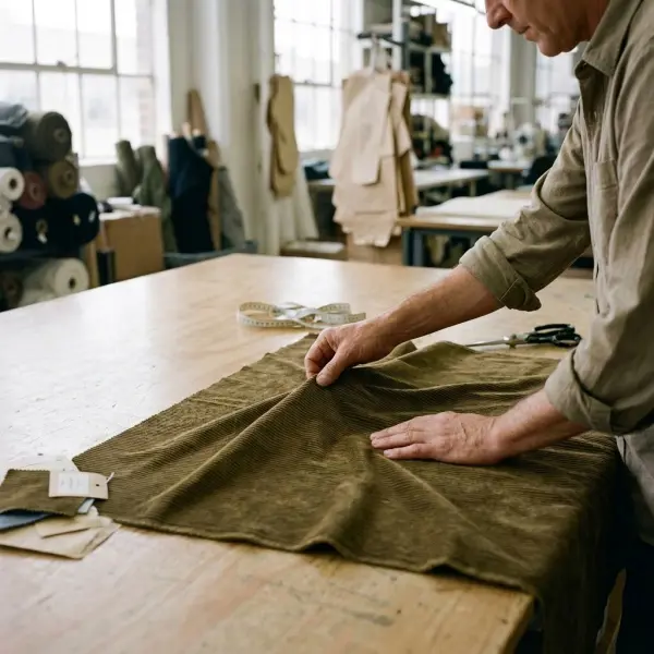 Textile quality inspector checking corduroy pile consistency and wale alignment on a garment production table