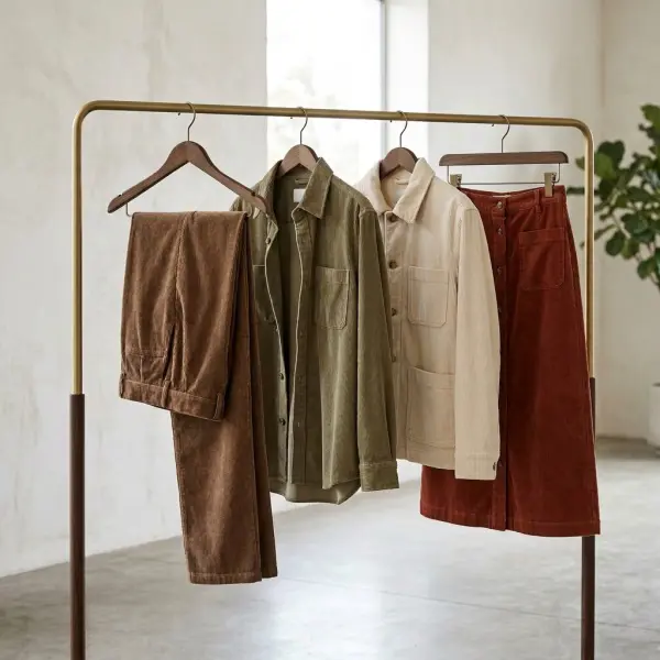Coordinated casual fashion collection featuring corduroy trousers, an overshirt, a jacket, and a skirt in neutral colors