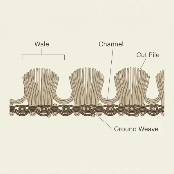 Technical cross-section diagram of woven corduroy showing ground weave, cut-pile yarns, raised wales, and recessed channels