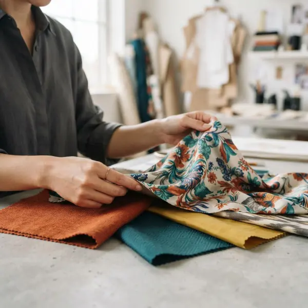 Desainer fashion membandingkan sampel kain berwarna cerah dan bermotif untuk mengevaluasi tekstur serta jatuh kain