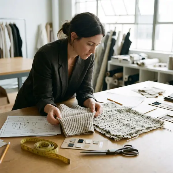 Fashion designer examining rib-knit and raised-texture fabric samples during apparel product development