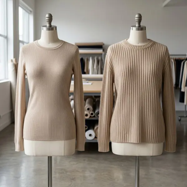 Comparison of fine-rib and wide-rib knit tops demonstrating how rib spacing changes garment appearance