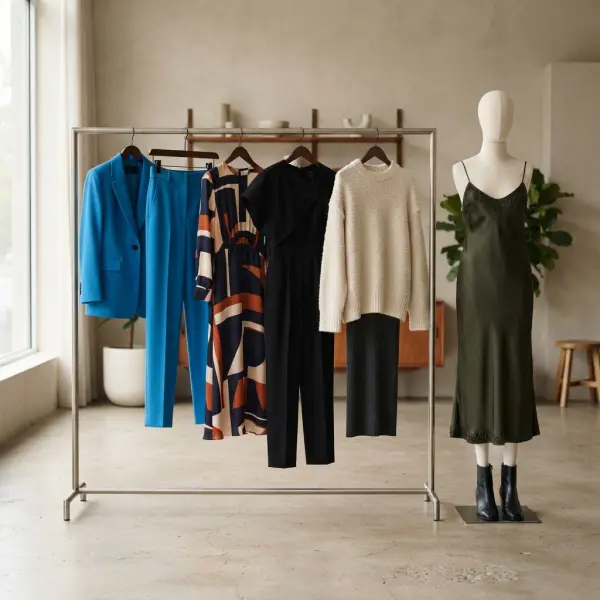 Mini collection fashion ekspresif dengan variasi tingkat warna, motif, dan siluet untuk evaluasi produk