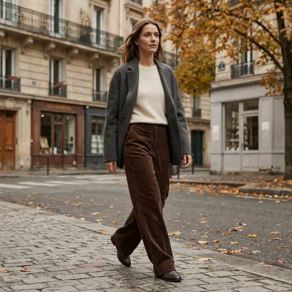 Contemporary casual street-style outfit featuring brown wide-leg corduroy trousers, a cream knit top, and a relaxed jacket