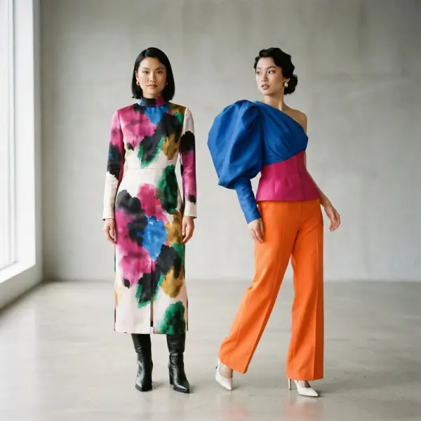 Dua rancangan busana ekspresif dengan fokus visual berbeda pada motif, warna, dan volume siluet