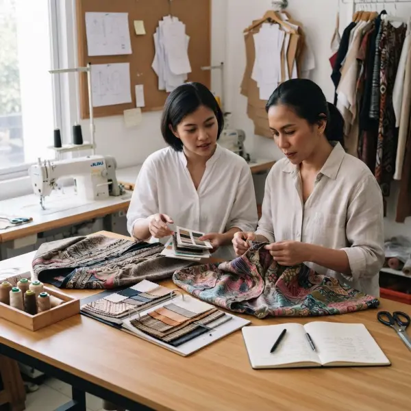 Tim desain fashion mengevaluasi sampel pakaian ekspresif dan material sebelum produksi Tim desain fashion mengevaluasi sampel pakaian ekspresif dan material sebelum produksi