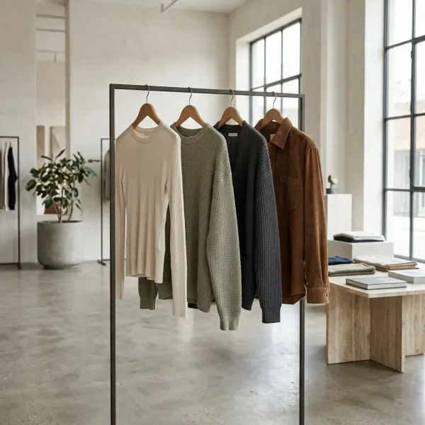 Contemporary apparel collection featuring rib-knit tops, textured knitwear, and a corduroy jacket with distinct fabric surfaces
