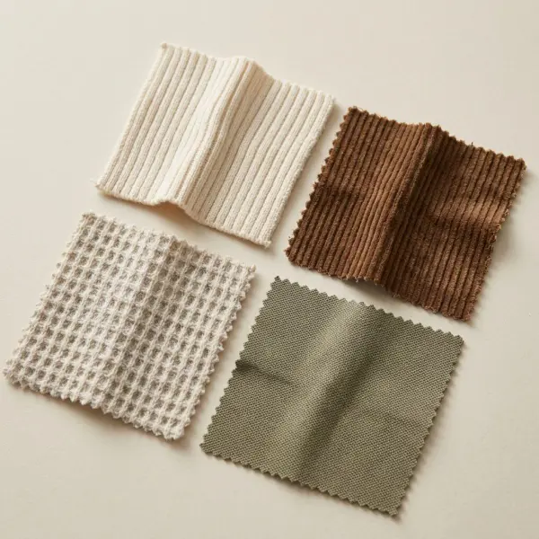 Close-up collection of rib knit, corduroy, waffle, and piqu&eacute; fabrics showing different raised textile surfaces