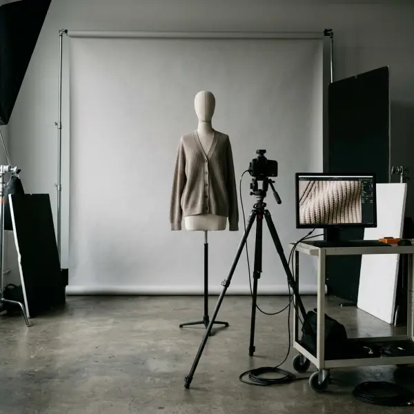 Fashion e-commerce product photography setup showing a rib-knit cardigan and a close-up of its textured fabric surface