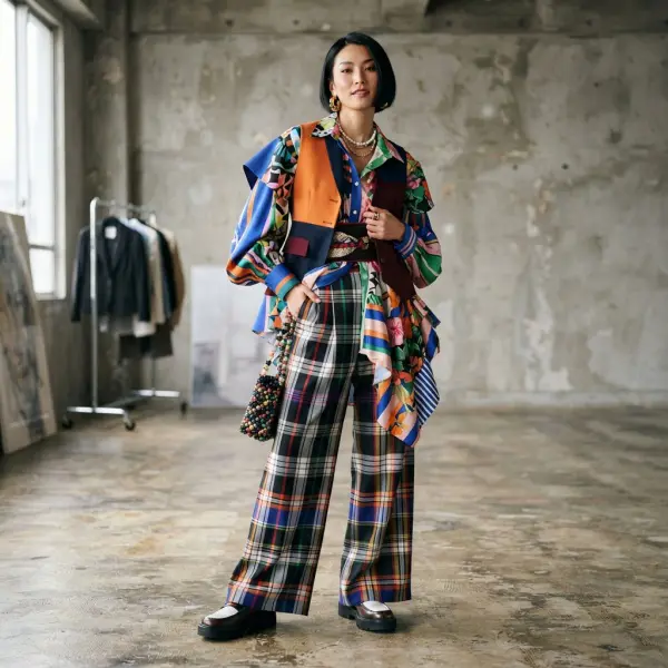 Tampilan fashion ekspresif dengan warna berani, motif kontras, dan siluet modern Tampilan fashion ekspresif dengan warna berani, motif kontras, dan siluet modern