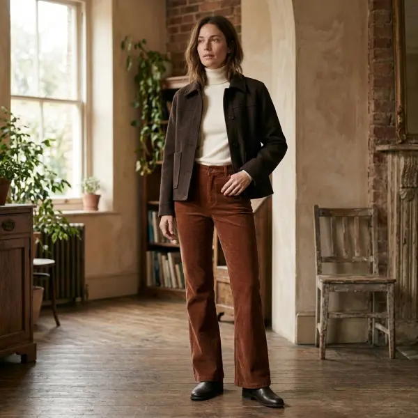 Vintage-inspired fashion outfit featuring rust-brown flared corduroy trousers, a fitted turtleneck, and a tailored jacket