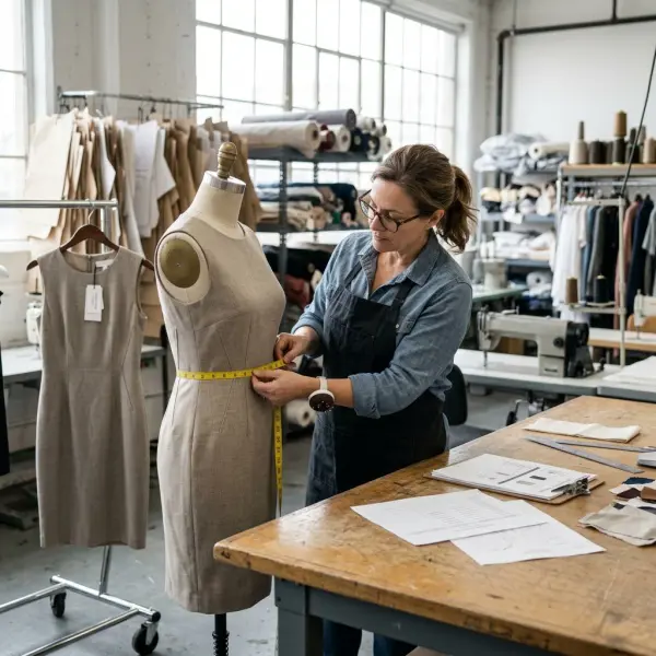Apparel quality inspector checking dart placement and garment measurements on a fitted dress during sample approval