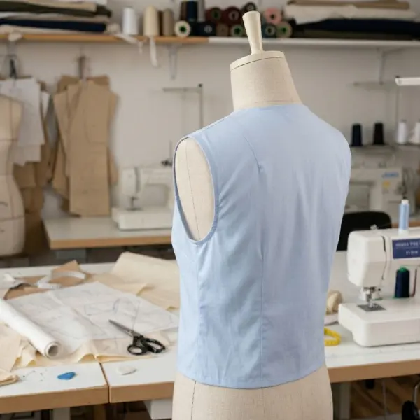 Rear view of a fitted woven bodice showing a shoulder dart shaping the fabric over the shoulder blade