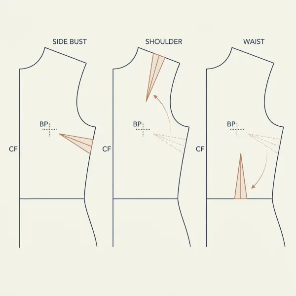 Patternmaking diagram showing a side bust dart transferred into shoulder and waist positions