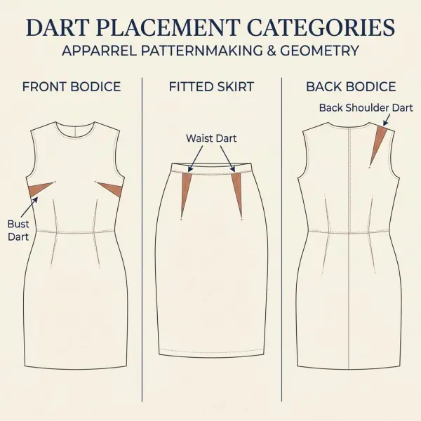 Technical comparison of bust darts, waist darts, and shoulder darts on front and back garment pattern illustrations