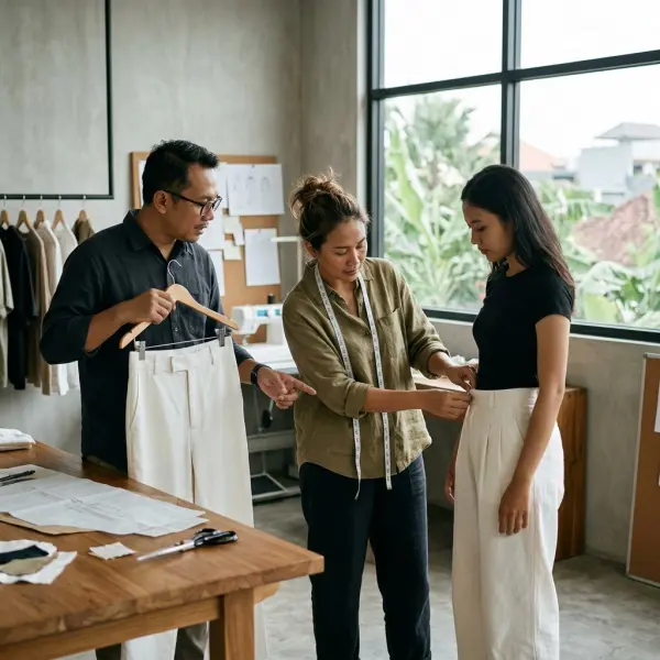 Tim pengembangan produk fashion mengevaluasi desain celana putih sebelum koleksi diproduksi