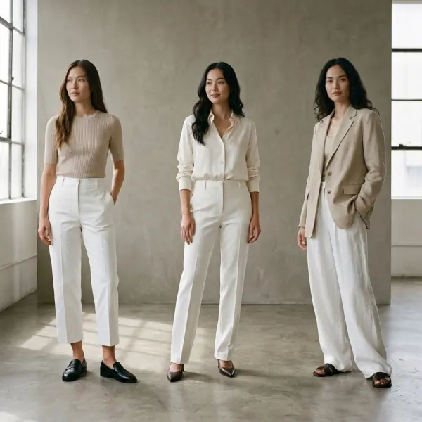 Celana putih sebagai elemen visual dalam koleksi fashion modern dengan beberapa pendekatan siluet