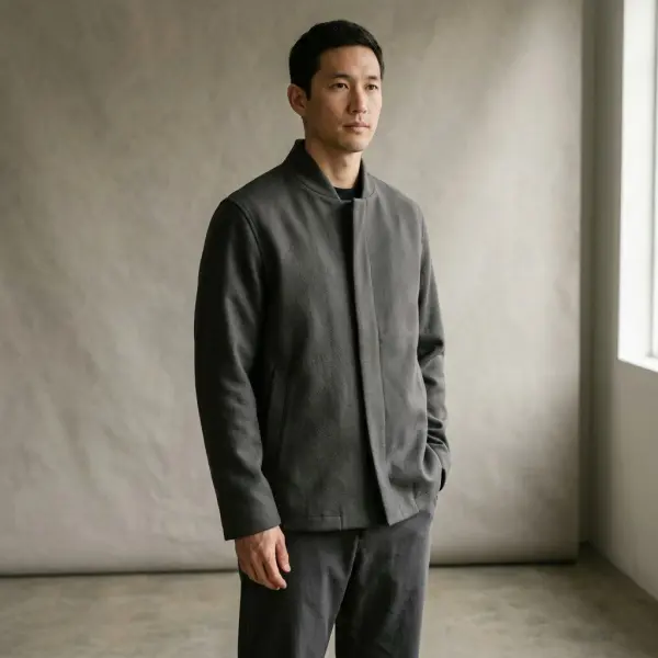 Jaket minimalis dengan garis depan rapi dan sistem penutup magnetik yang tersembunyi