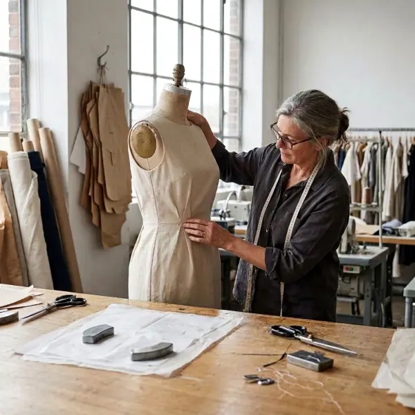 Dressmaker evaluating the waist and bodice shaping of a fitted woven dress on a professional dress form