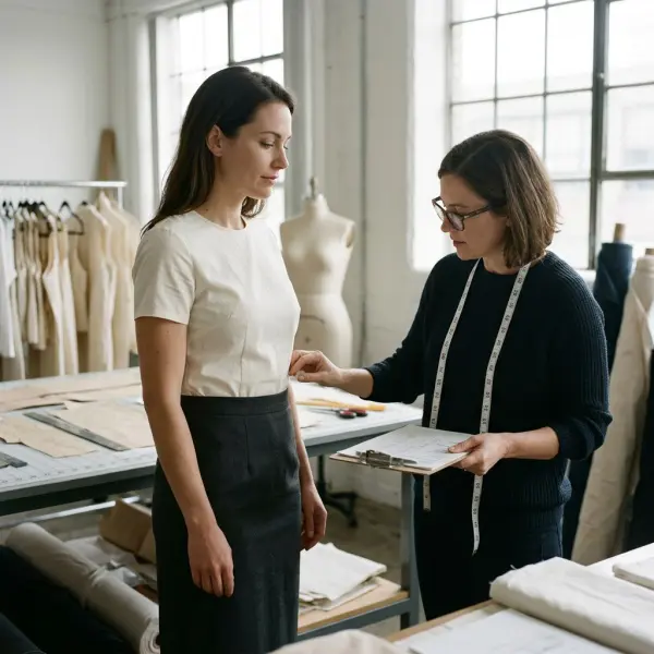 Apparel technical designer evaluating dart placement and garment fit on a model during sample development