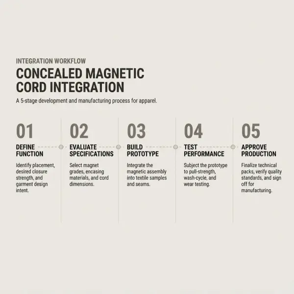 Alur pengembangan magnetic cord dari pemilihan komponen hingga pemeriksaan sampel pakaian