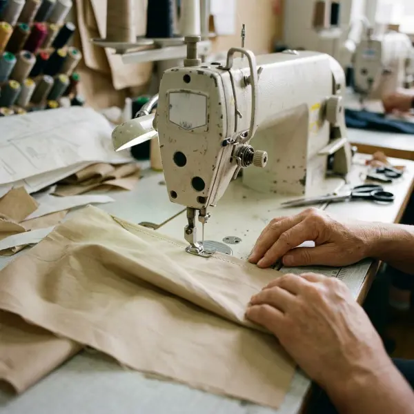 Close-up of a sewing machine stitching a tapered dart into a woven garment panel