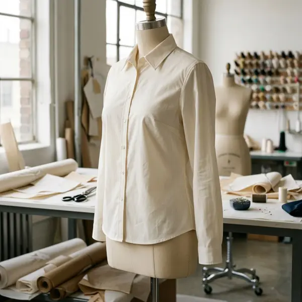 Close-up of a fitted cotton blouse showing the side bust dart tapering smoothly toward the bust