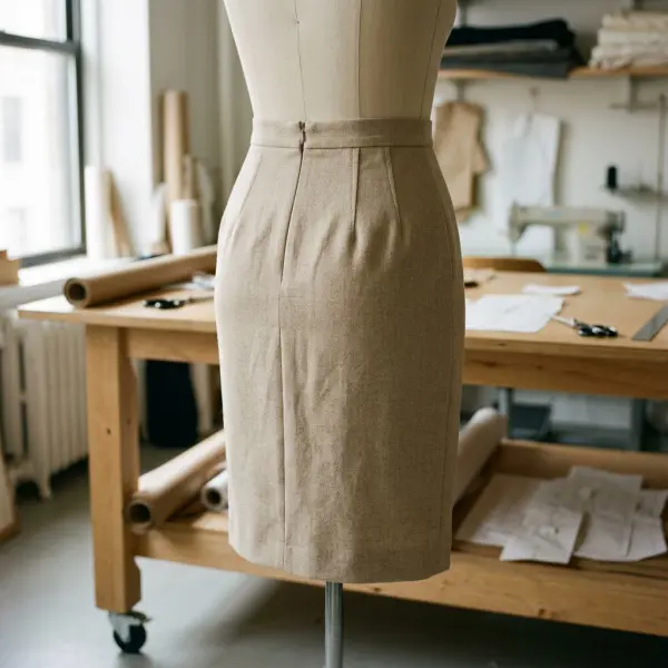 Close-up of tailored skirt waist darts showing fabric shaping between the waistband and upper hip
