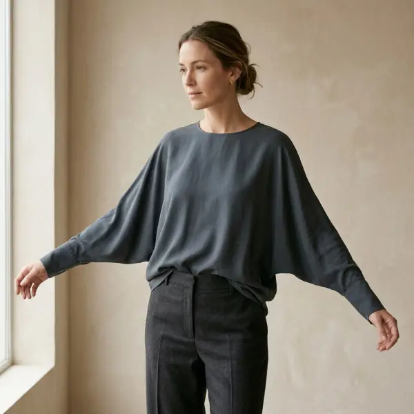 Siluet blus batwing dengan volume lebar di bawah lengan dan ujung lengan yang menyempit Siluet blus batwing dengan volume lebar di bawah lengan dan ujung lengan yang menyempit