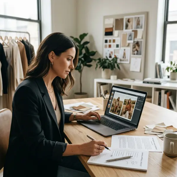 Fashion marketing professional reviewing approved campaign photography and image usage documentation
