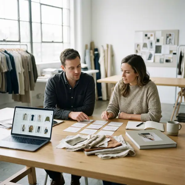 Apparel business team reviewing digital asset categories and implementation priorities on a laptop