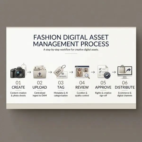 Digital asset management workflow for fashion brands from asset creation and metadata to approval, storage, and distribution