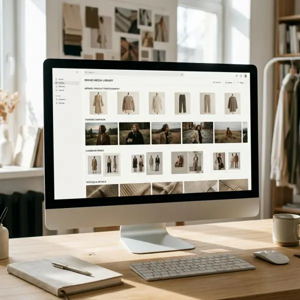Organized fashion digital assets including garment photography, campaign lookbooks, logo artwork, and fabric reference images TYPE: visualization
