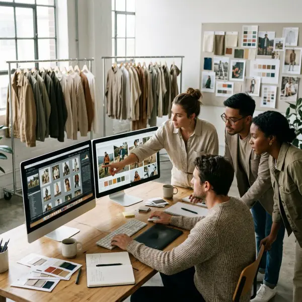 Fashion brand creative team reviewing product photographs and digital campaign assets in a contemporary design studio