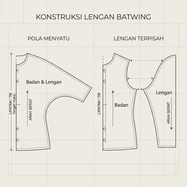 Perbandingan pendekatan konstruksi batwing dengan transisi pola menyatu dan komponen lengan terpisahPerbandingan pendekatan konstruksi batwing dengan transisi pola menyatu dan komponen lengan terpisah