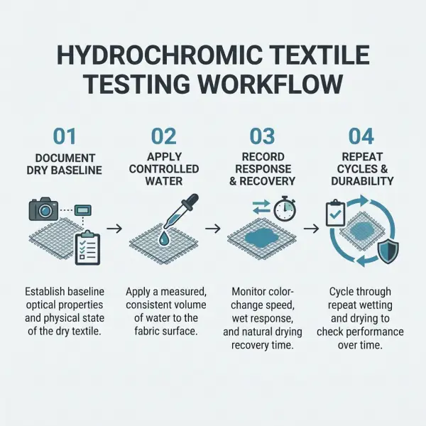 Tahapan pengujian material hydrochromic dari pencatatan kondisi awal hingga evaluasi ketahanan Tahapan pengujian material hydrochromic dari pencatatan kondisi awal hingga evaluasi ketahanan