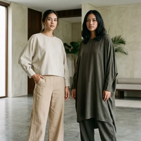 Variasi siluet batwing pada blus pendek dan tunik dengan proporsi badan yang berbeda Variasi siluet batwing pada blus pendek dan tunik dengan proporsi badan yang berbeda