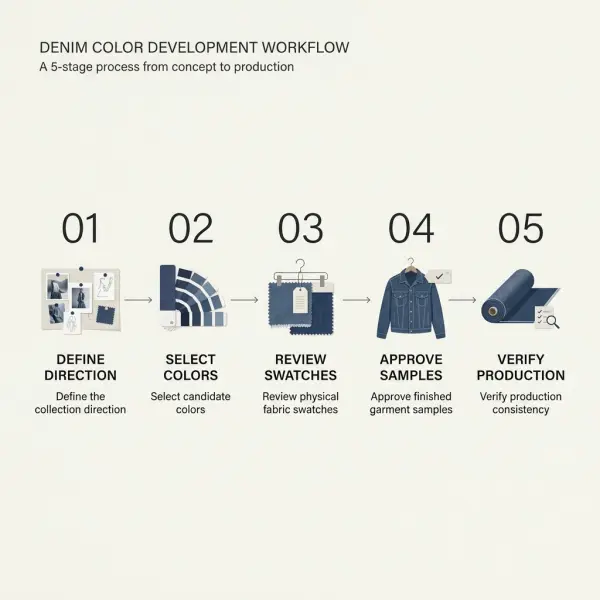 Alur pengembangan warna denim dari penentuan konsep koleksi hingga persetujuan sampel produk