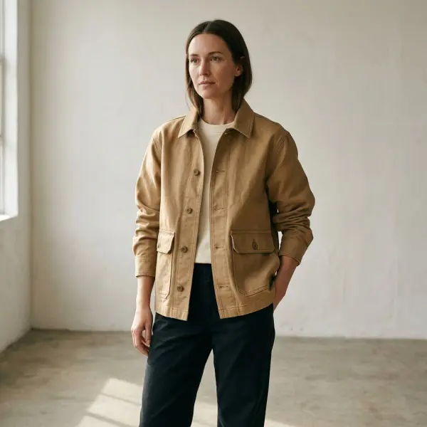 Jaket kanvas dengan siluet terstruktur yang memperlihatkan pengaruh karakter kain terhadap bentuk pakaian