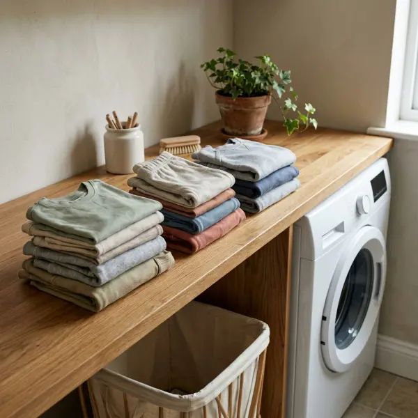 Freshly laundered children's T-shirts and trousers folded neatly beside a washing machine in a realistic family laundry space