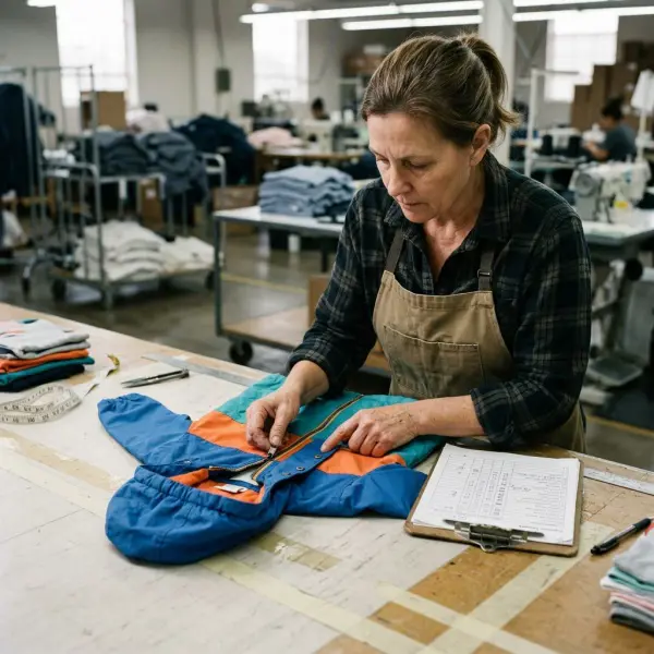 Apparel quality inspector examining stitching and fastening construction on a children's jacket in a garment factory