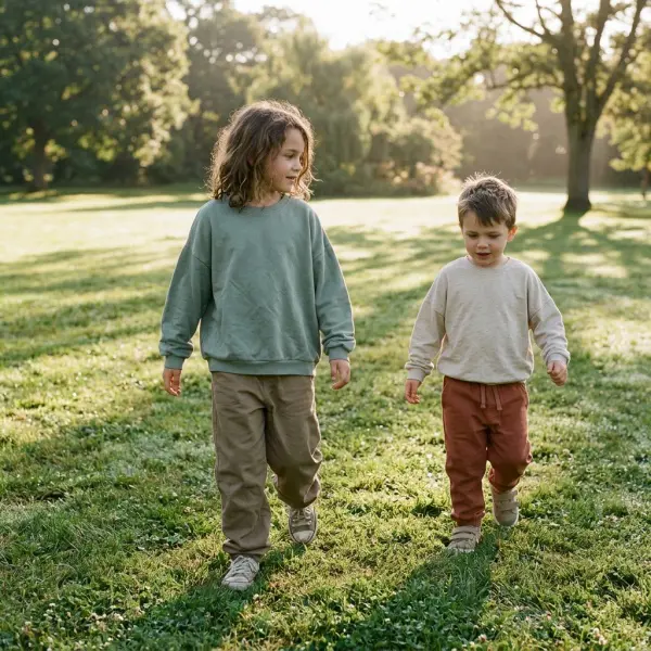 Two children wearing relaxed casual clothing while walking and playing naturally in a grassy outdoor setting