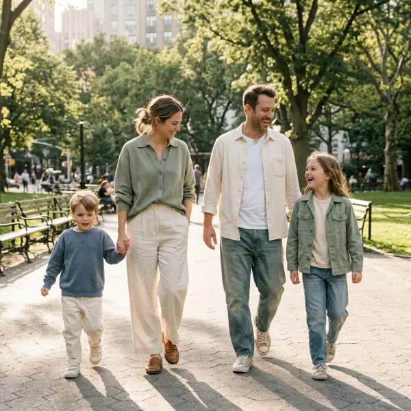 Family members wearing complementary contemporary outfits with coordinated colors and comfortable age-appropriate children's clothing