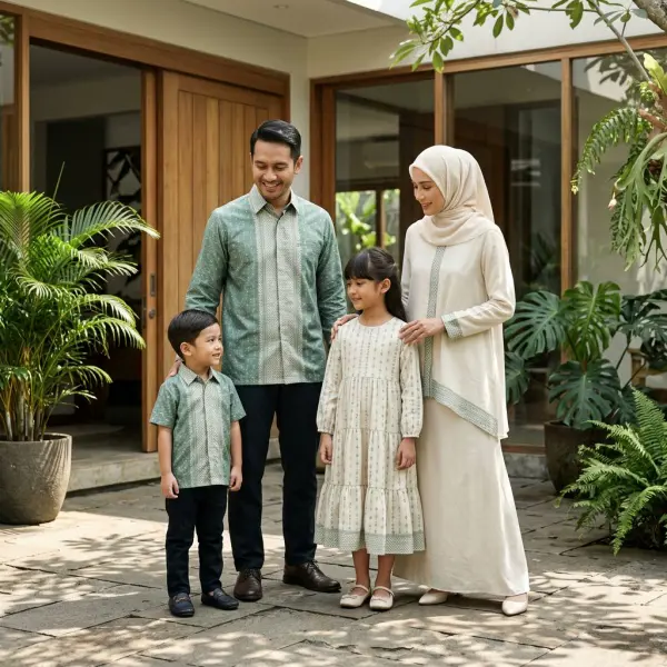 Family wearing complementary festive outfits with coordinated colors and textile patterns during a celebration