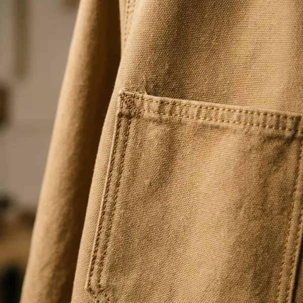 Detail saku tempel dan jahitan tindas pada jaket kanvas bergaya utilitarian