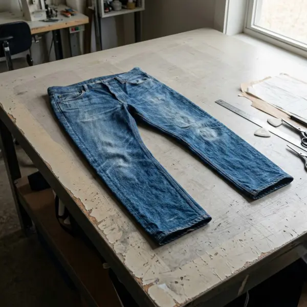 Efek stone wash pada celana jeans yang menghasilkan pemudaran alami di bagian paha dan jahitan