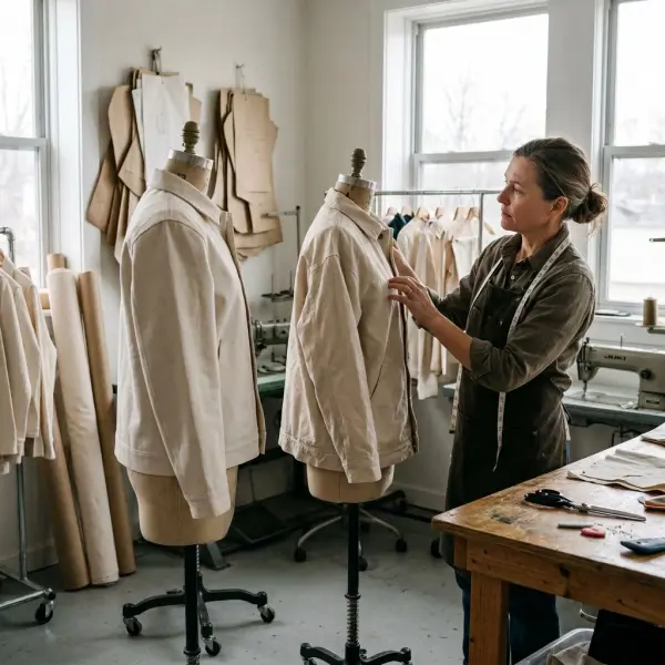Evaluasi prototipe jaket kanvas untuk membandingkan bentuk bahu, badan, dan lengan