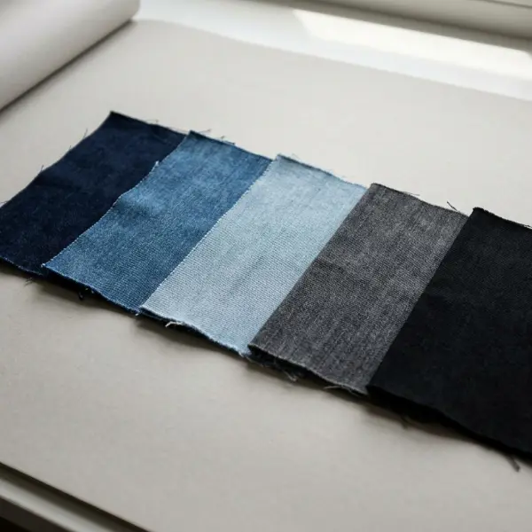 Sampel kain denim dalam beberapa pilihan warna yang dibandingkan sebelum produksi celana jeans