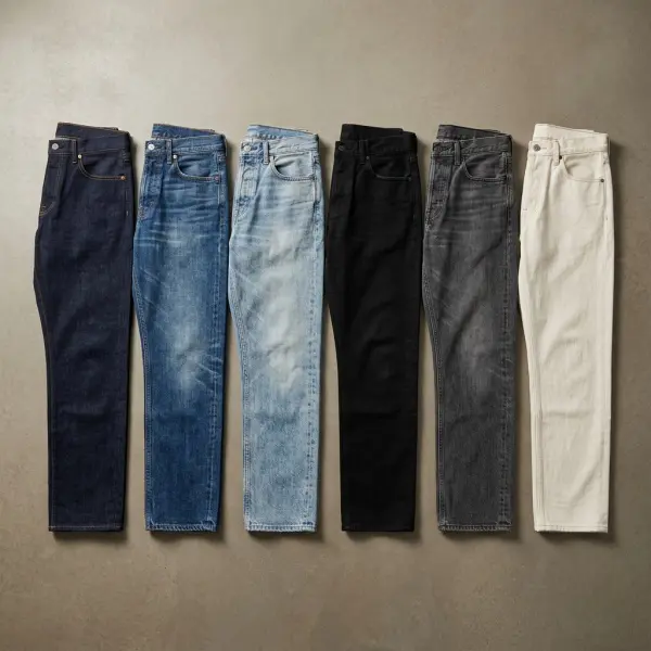 Perbandingan karakter visual celana jeans biru gelap, biru medium, biru muda, hitam, abu-abu, dan putih